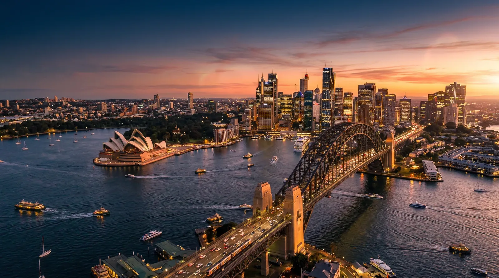 Sydney Harbour Bridge and skyline at golden hour